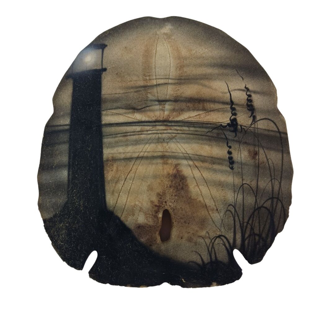 Large Hand Painted Sand Dollar Lighthouse Beach Scene Signed 6 Inch Vtg Nautical